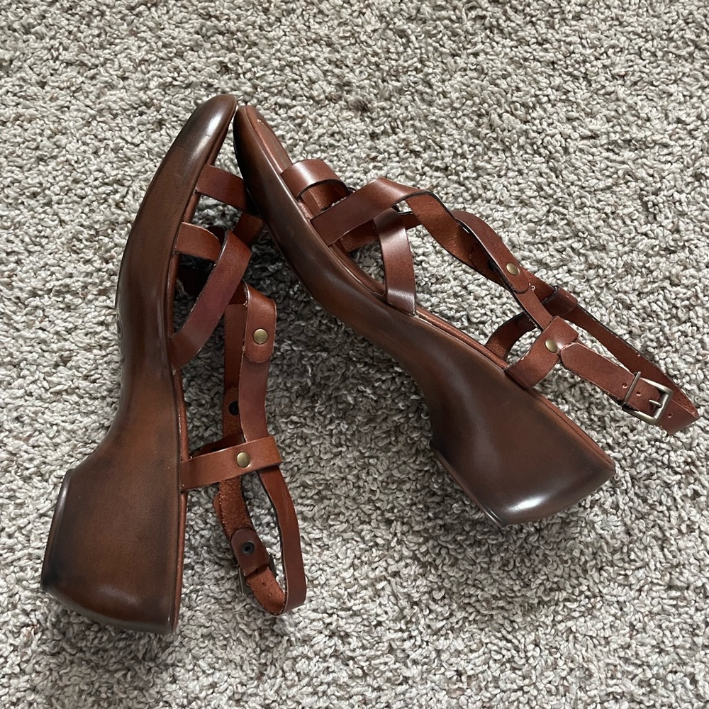 New Women's Brown Leather Strappy Block Heel Sandals